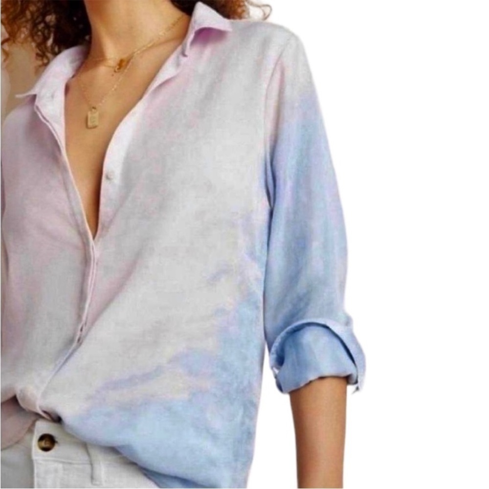 Like New Anthro X Cloth & Stone Dip Dye Tencel Button Down Top Blue Pink Small